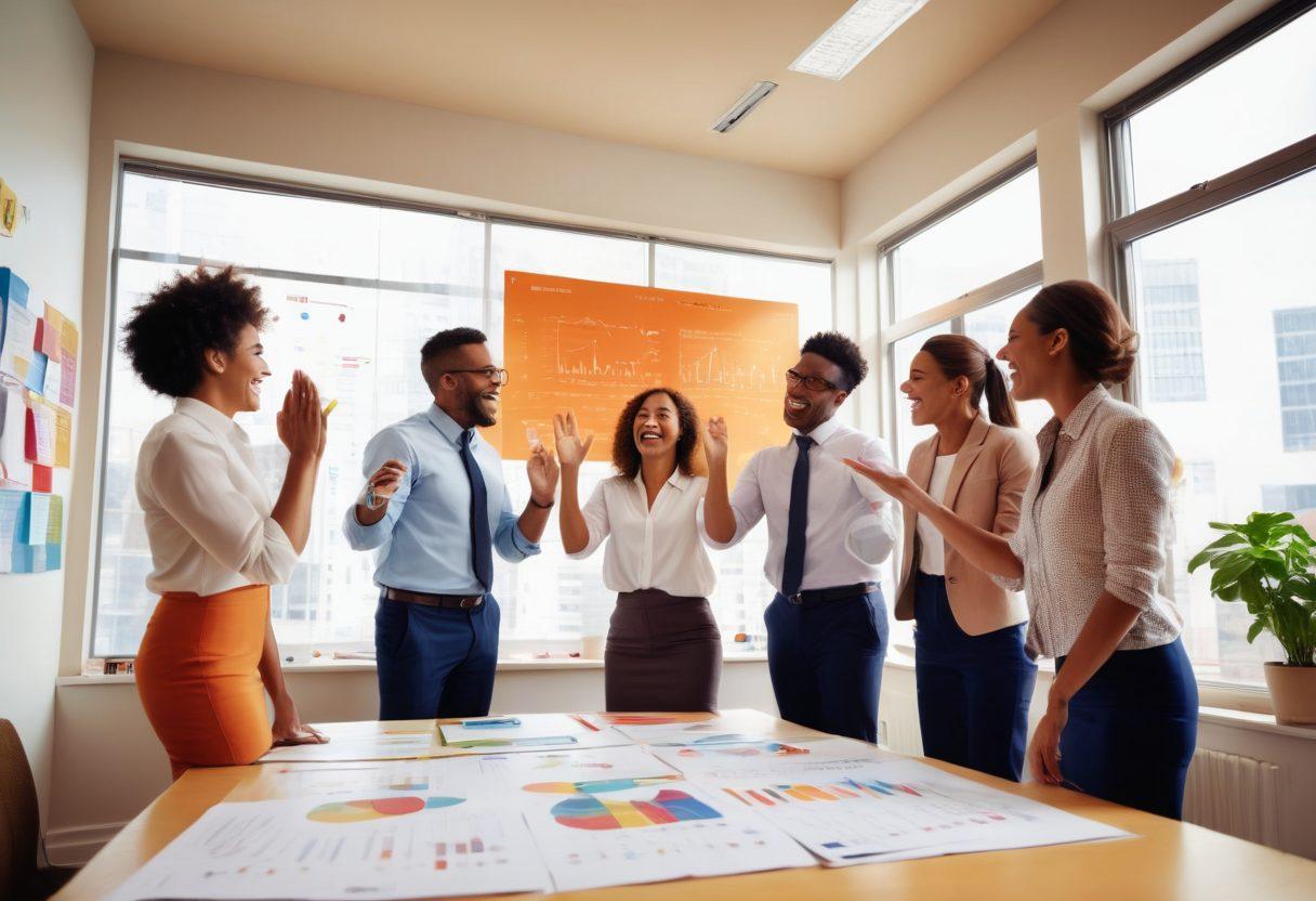 A vibrant office scene showcasing a team of diverse professionals celebrating success, with smiles and high-fives, surrounded by positive quotes on the walls. Incorporate elements of teamwork, collaboration, and innovation, with colorful charts and graphs in the background representing growth. A bright and uplifting atmosphere with natural light pouring in through large windows. super-realistic. vibrant colors.