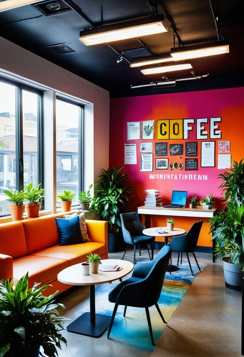 A vibrant office space filled with diverse employees collaborating joyfully, surrounded by motivational quotes on colorful walls, lush indoor plants, and sunlight streaming through large windows. The atmosphere exudes energy and positivity, highlighting teamwork and creativity. Elements like coffee cups and technology create a modern business vibe. super-realistic. vibrant colors. bright and inviting ambiance.