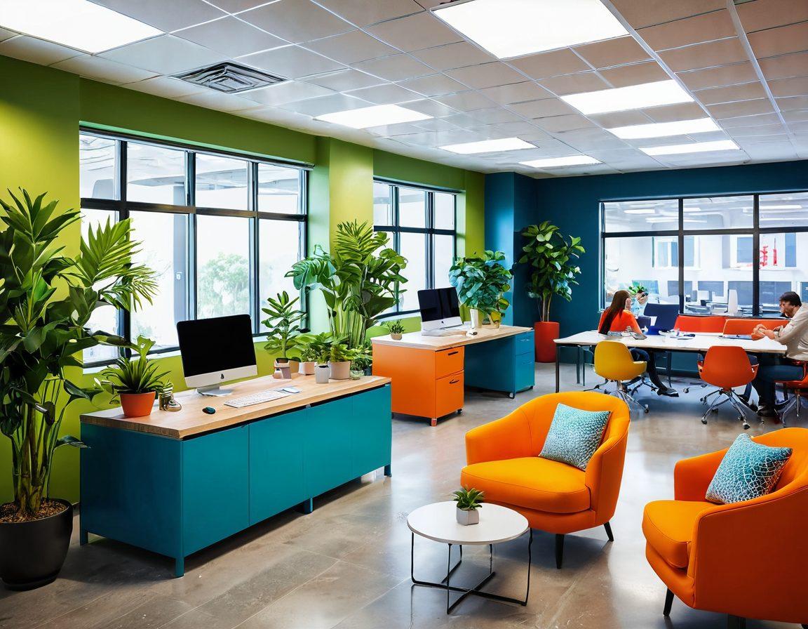 A vibrant office space filled with happy employees collaborating and enjoying their work. Incorporate elements like plants, creative workstations, and relaxation areas to symbolize a thriving culture. Show diverse individuals engaging in teamwork and celebrating achievements. Bright lighting and cheerful colors to enhance the positive atmosphere. super-realistic. vibrant colors. 3D.